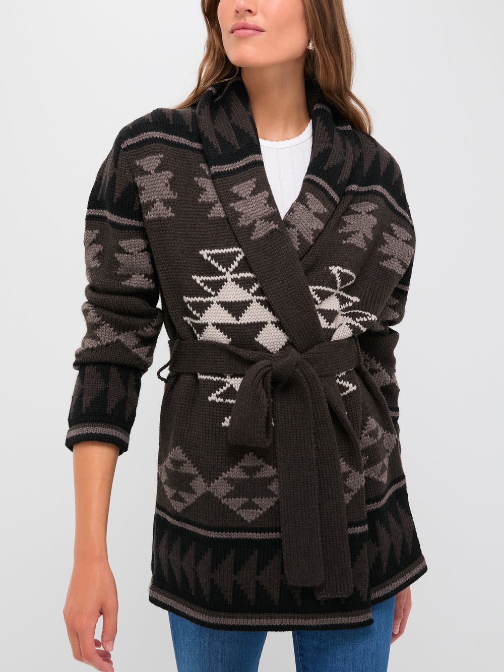 TUCKERNUCK Ranch Teddy Wool Blend Jacquard Wrap Cardigan Brown Small NWT
